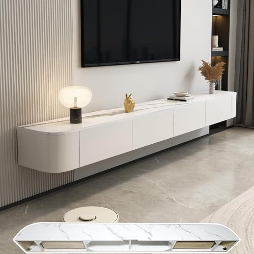 Image of Floating TV Stand Wall Mounted - Wall Entertainment Center with Flip-Down Doors & Drawers, Modern Hanging TV Shelf for Living Room, Media Console for 65 /75 80 Inch TVs (Texture, 118 IN /300CM)