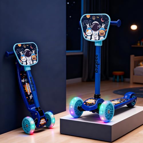 Image of Baybee Joyster Kick Scooter for Kids with 4 Height Adjustable | Foldable Runner Scooters with Magic Board & LED Lights | 3 Wheel Baby Scooters with Rear Brake | Skate Scooter for Kids 3+ Years (Blue)