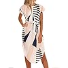 TEMOFON Women's Dresses Summer Floral Geometric Pattern Short Sleeve Midi V-Neck Casual Dress with Belt Apricot L