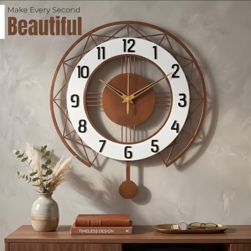 Image of Metal Wall Clock for Living Room Stylish | Fancy Large Wall Clocks for Office, Bedroom, Drawing Room & Kitchen | Luxury Sweep and Silent Wall Watch for Home Decoration (Copper 40Cm)