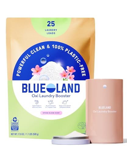 BLUELAND Oxi Laundry Booster Powder with Tin Starter Set Spring Bloom Scent 25 Loads 17.6 oz Plastic-Free Eco Friendly Oxy Cleaner Stain Remover