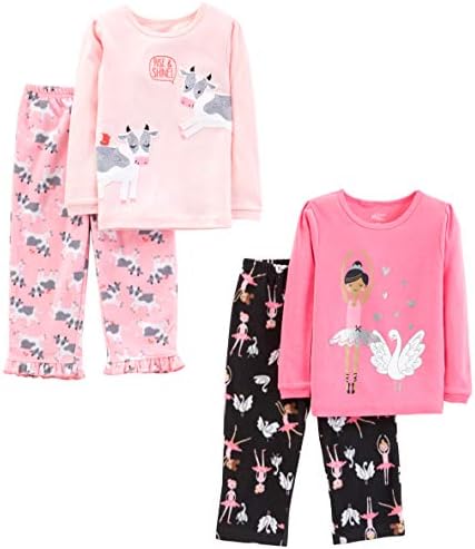 Simple Joys by Carter's Girls' 4-Piece Pajama Set (Cotton Top & Fleece Bottom), Multicolor Ballerina/Cow, 8
