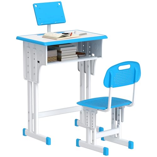 HOMCOM Bureau et Chaise pour Enfant avec Support de Lecture, casier, Crochet et Porte Stylo - Hauteur réglable - 60 x 45 x 90-102 cm - Bleu