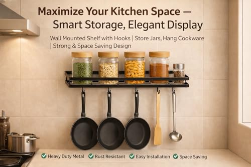 Image of Wall Mounted Spice Rack Organizer Hanging Spice Seasoning Rack bathroom Shelf Holder with 5 utensils hanging hooks Organizer Storage for Kitchen Cabinet (set of 1)