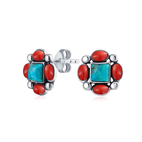 Boho Southwestern Native American Style Genuine Gemstone Turquoise Red Coral Concho Eagle Wings Stud Earrings Western Jewelry For Women Teens .925 Sterling Silver