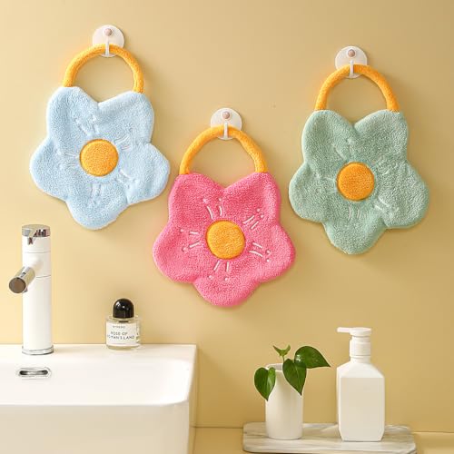 Image of House of Quirk Flower Shaped Hanging Towels Set of 2 | Soft Coral Fleece Kitchen & Bathroom Towels | Super Absorbent & Quick-Dry Decorative Cloths (Pink /Green)