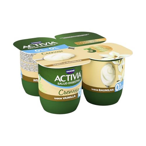 Activia Yogur Cremoso Vainilla-Probióticos, sin glúten y con 0% azúcares -Pack: 4x115g