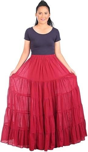 PINKHUB Women 's Summer Boho Elastic Waist Pleated A-Line Flowy Swing Tiered Long Beach Skirt Dress