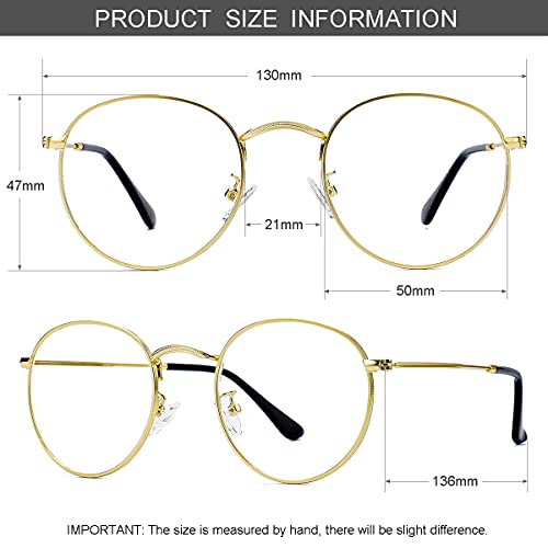 Image of Clear Glasses for Women Men, Classic Round Metal Frame Clear Lens Fake Glasses (Gold)