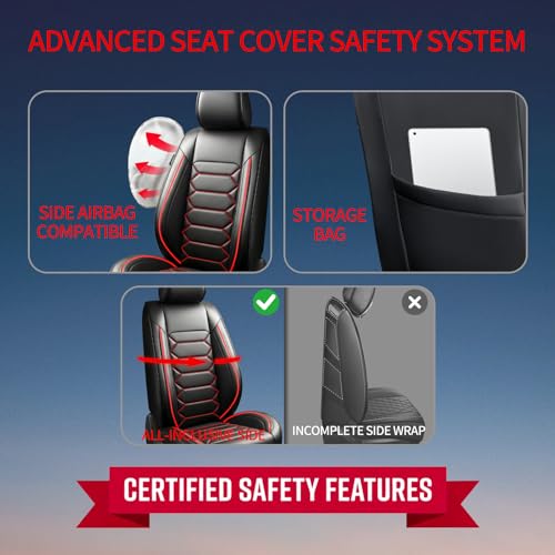 Image of Fit Sierra Car Seat Covers (Only Front 2 Seats) Compatible with GMC Sierra 1500 /2500 /3500 2000-2026-Full Coverage Breathable Leather, Airbag Compatible, Waterproof & All-Weather, Black+Red