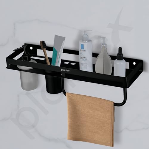 Image of Plantex 4in1 Bathroom Shelf for Wall /Stainless Steel Multifunctional Rack for Bathroom with Tumbler Holder /Liquid Soap Dispenser /Napkin Holder /Bathroom Accessories Set (Matt Black)