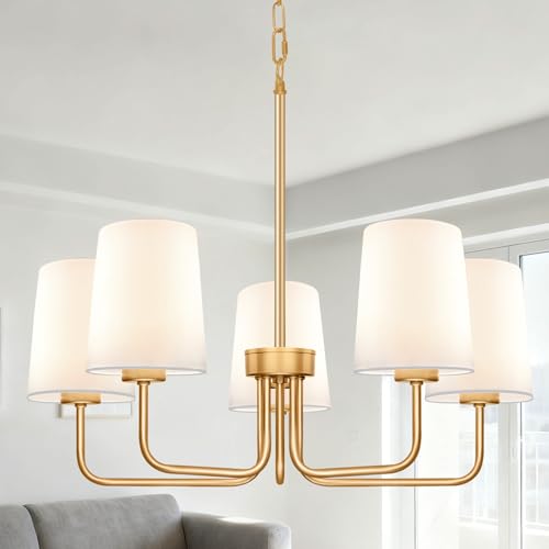Laiebri Farmhouse Chandelier, 5-Light Gold Chandelier with White Fabric Shade, Height Adjustable...