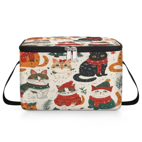 GzLeyigou Christmas Cats Lunch Bags for Women Men 9 Cans, Hot & Cold Food Delivery Bag Insulated Grocery Bag Insulated Lunch Box Cute Cat Cooler Bag for Office Work Picnic Beach