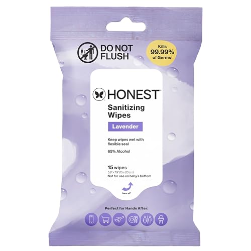 Image of The Honest Company Lavender Sanitizing Alcohol Wipes, Antibacterial with Aloe, Kills 99% of Germs, 15 Count