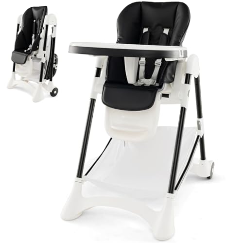 Maxmass Baby High Chair, Foldable Infant Feeding Chair with Adjustable Height, Backrest & Footrest, Double Tray, Lockable Wheels, 5-Point Harness&Storage Basket, Dining Highchair for Toddlers (Black)