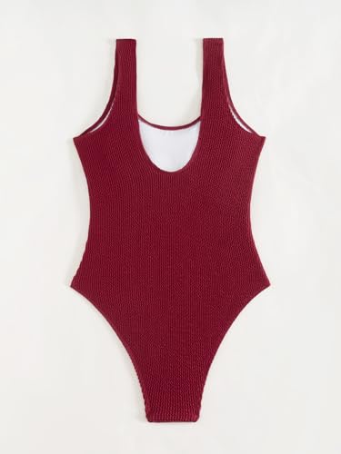Image of Limeeke Women One Piece Swimsuit Solid Ribbed Monokini Swimwear Scoop Neck Low Back Bathing Suit