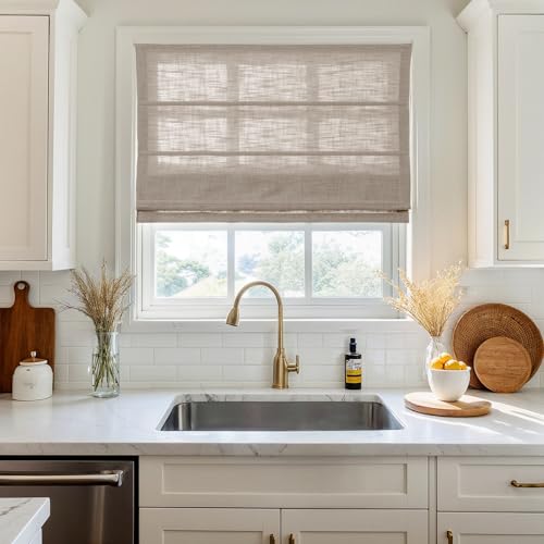 ChadMade Cordless Custom Natural Linen Roman Shade for Windows French Door Roman Blind Blackout Light Filtering Install Hardware Included, 5 Burlywood Birch, Tallis Collection