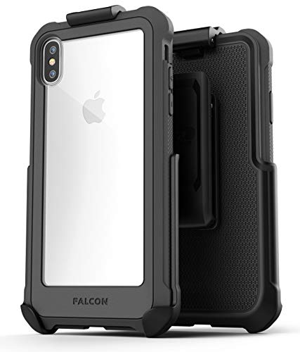 Encased Heavy Duty Belt Clip Case - Designed for iPhone Xs Max - Military Spec Clear Back Protection with Holster and Tempered Glass Screen Protector (Charcoal/Clear)