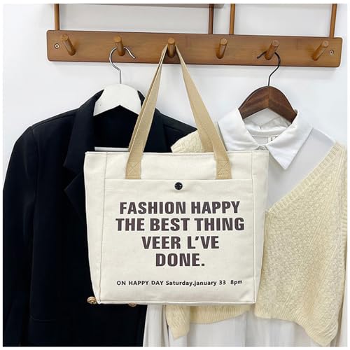 Canvas Tote Bag with Zipper, Beige Black Multi Pocket Shoulder Bag for Women, Medium Handbag Purse for Work2