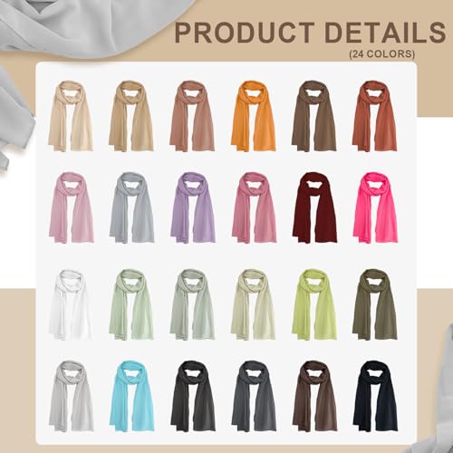 24 Pack Chiffon Hijabs Head Scarf for Women Lightweight Breathable Solid Color Soft Chiffon Hijab Long Fashion Scarves Shawls Wrap for Muslim Women, 67 × 28 Inch3
