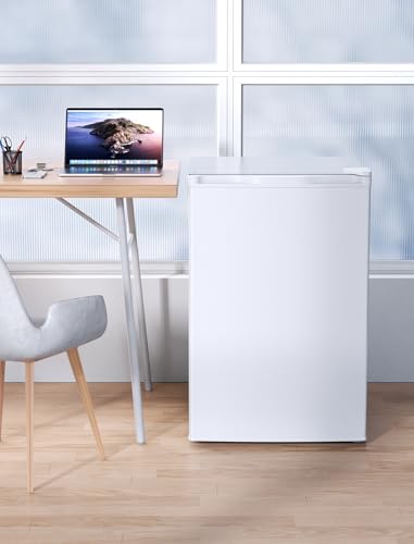 Image of COWSAR 4.5 Cu.Ft Dorm Fridge with Freezer, Single Reversible Door Apartment Refrigerator, Adjustable Thermostat, Ultra Quiet, Energy Efficient Commercial Compact Fridge for Bedroom Dorm Office, White