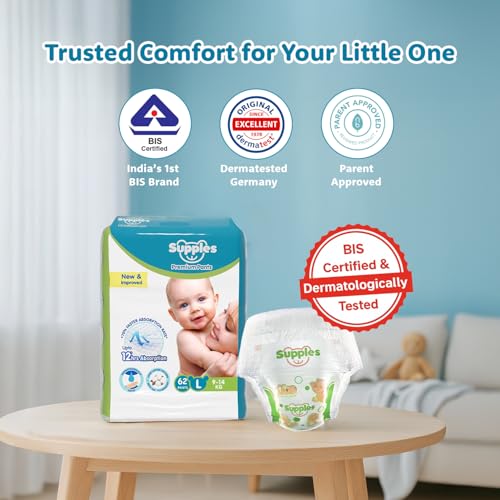 Image of Amazon Brand - Supples Premium Baby Diaper Pants | 62 Baby Diapers | Large | 9-14 Kg | 12 Hrs Absorption | Cushiony Cotton Soft Fabric | Phthalates-Free | Triple Leak Guard