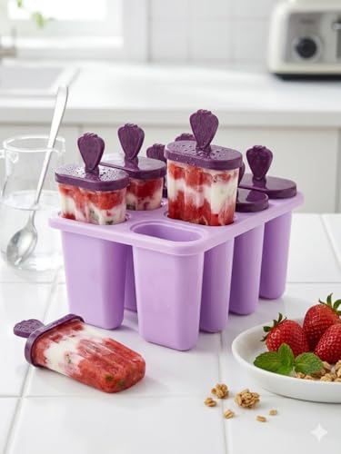Image of BPA Free Ice Lolly and Kulfi Maker Set of 8 Reusable Popsicle Moulds Food Grade Plastic Ice Cream Popsicle Maker for Home Kitchen Multicolor (Purple)
