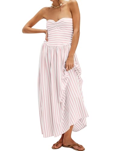 Image of Striped Tube Top Beach Dresses for Women Strapless Pleated Flowy Maxi Dress Summer Party Midi Dresses