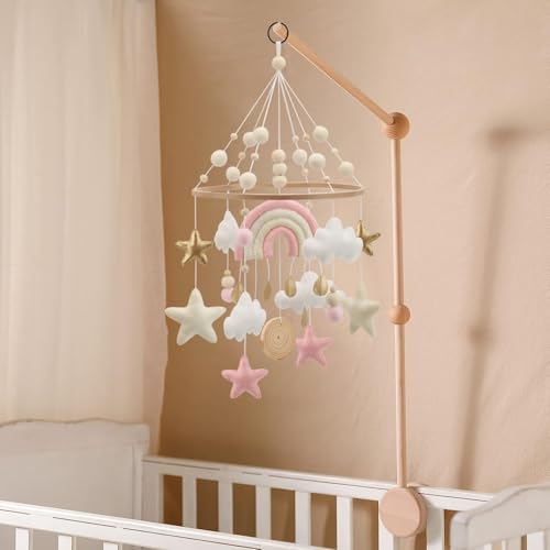 Image of Rainbow Mobile for Crib - A Pink and White Boho Rainbow Crib Mobile with Gold Detail
