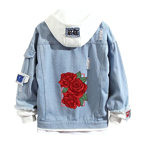 Lpstop Red Rose Flower Print Denim Jacket Graphic Hoodie Y2K Lightweight Jacket for Teen Adult