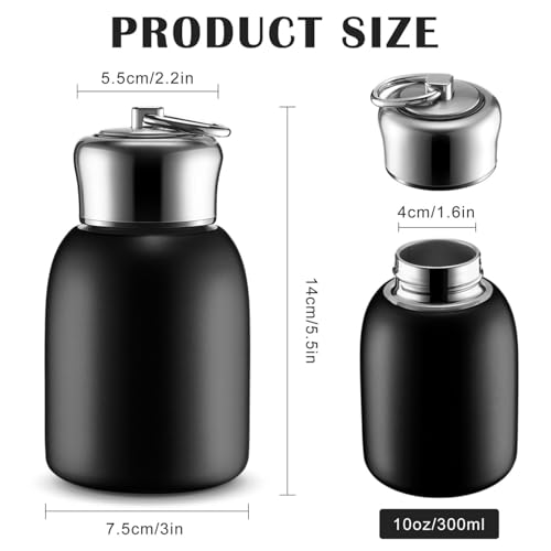 Image of Mini Stainless Steel Vacuum Insulated Water Bottle, 300ml, Black, Leakproof, Hot and Cold, with Keyring Cap (Black)
