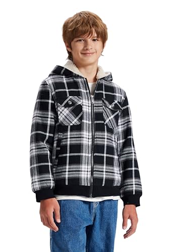 MoFiz Boys Fleece Jackets Lined Sherpa Cotton Plaid Coat Hoodie Winter Warm Full Zip Jacket for Kids
