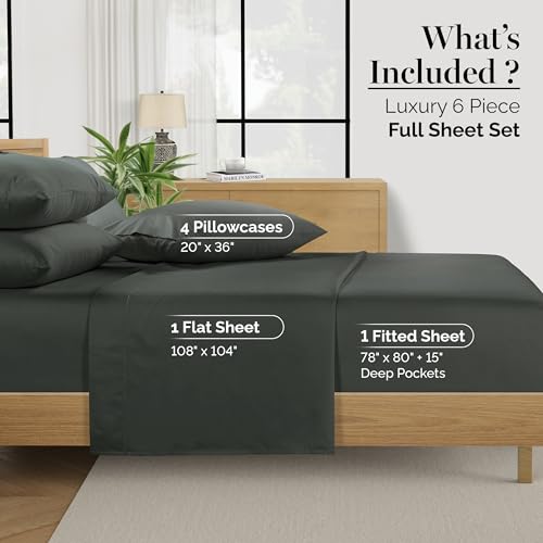 Casa Platino 100% Egyptian Cotton Sheets King Size Set - 6 Pcs (1 Flat, 1 Fitted, 4 Pillowcases)- Ultra Smooth Sateen Weave Bed Sheets Set with 15" Deep Pockets - Dark Grey
