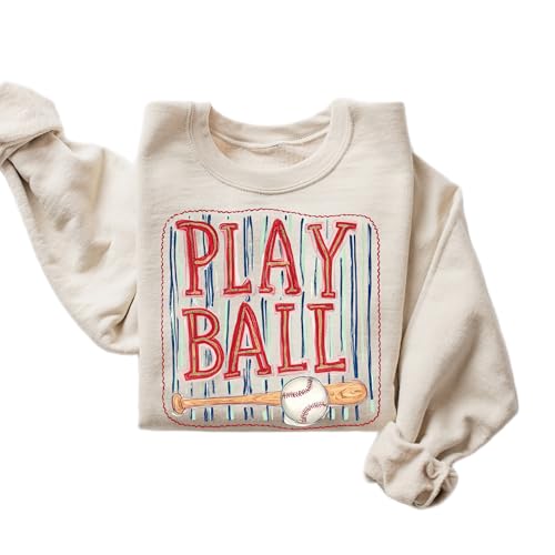DAYLEA Play Ball Sweatshirt Retro Baseball Graphic Crewneck Pullover Sand