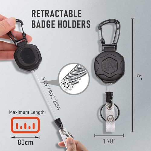 Image of Retractable Keychain Heavy Duty, Badge Reels Retractable, Tactical ID Badge Holder with Upgraded Zinc Alloy Carabiner, Steel Wire Cord, Reinforced ID Strap