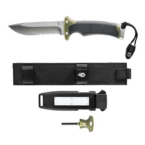 Gerber Gear Ultimate Survival Knife, Fixed Blade Knife with Combo Edge, includes Fire Starter Edge and Ferro Rod, Whistle, Sheath with Integrated Sharpener – Bushcraft, Hunting and Camping Tool