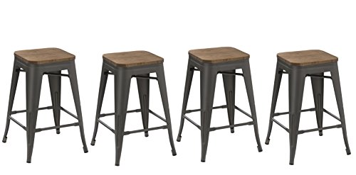 BTEXPERT 24-inch Metal Vintage Antique Style Gunmetal Counter Height Bar Stool Modern Handmade Wood top seat (Set of 4 Barstool)