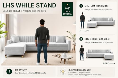 Image of Casaliving Garcia LHS 8 Seater L Shape Sofa Set with Ottoman & 2 Puffy for Living Room (Cream) Premium Fabric Sofa Set