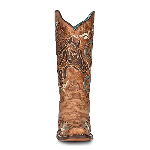 CORRAL LADIE'S SAND HORSE INLAY & MULTICOLOR EMBROIDERY SQ. TOE IRIDESCENT COLLECTION, LEATHER SOLE, WESTERN A42662