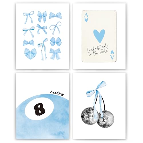 okaxscm Blue Coquette Trendy Preppy Wall Art Prints Set of 4, Coquette Room Decor, Preppy Room Decor Aesthetic, Blue Bow Disco 8 Ball Cherry Wall Decor Posters for Girls Bedroom Dorm, 8x10 Unframed