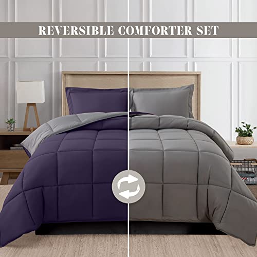 Image of Elegant Comfort 3-Piece Reversible Comforter Set, All Season Cozy, Soft Down Alternative, Quilted - Box Stitched - Duvet Insert with 4 Corner Tabs, Comforter with Shams, Twin, Purple /Gray