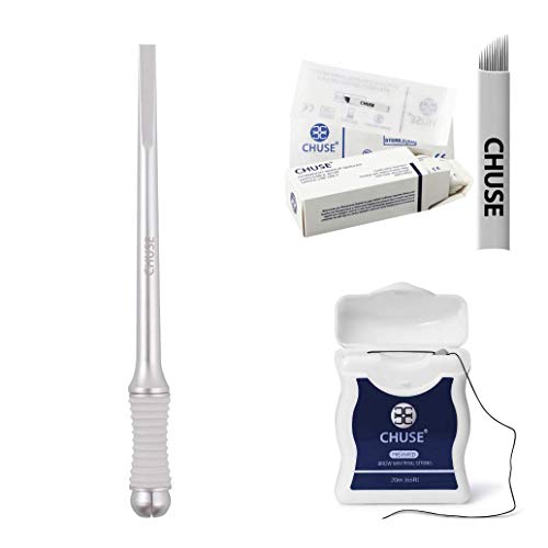 Chuse M99 Microblading Pen(Silver) + 50Pcs 12 Sloped Needles + Pre-Inked Brow Mapping String 66Ft (20M) #TOP6