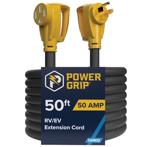 Image of Camco Power Grip 50-Ft 50 Amp RV Extension Cord - Rated for 125 /250 V /12,500 W - Features Copper 6 /3 + 8 /1-Gauge Wires for Superior Conductivity & Coated w /Heat-Resilient PVC (55199)