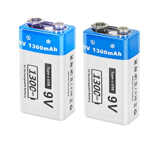 FLSTOR 9V Battery, 1300mAh Li-Ion Rechargeable 9 Volts Block Batteries for CO Detectors, Smoke Detector, Microphone, Guitar Effects Pedals, DMMs, Alarm Clock and More Cable Includes, 4 Packs
