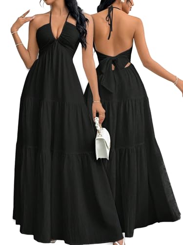 Image of Narecte Women's Maxi Summer Dresses Halter V Neck Beach Dresses for Women A-Line Casual Dress for Vacation