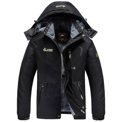 WILLONG Mens Waterproof Fleece Jackets Winter Coats Warm Mountain Jackets with Hood for Outdoor Hiking Walking Skiing Working Camping Fishing Black UK 3XL Plus