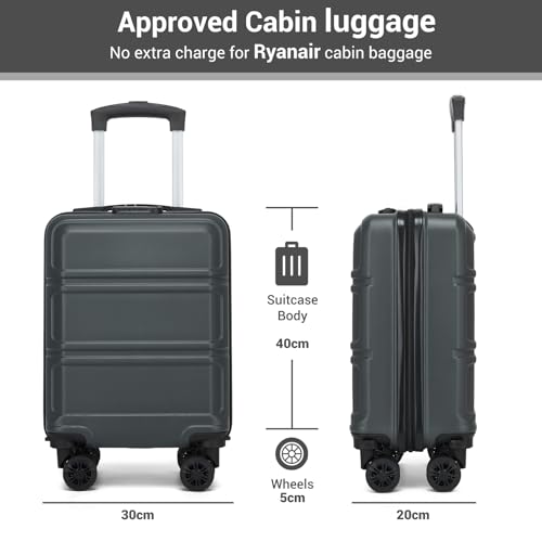 Kono 15 Inch Ryanair 40x30x20 Carry On Hand Luggage, Lightweight Hard Shell Cabin Bag, Small Suitcase with 4 Spinner Wheels (Grey/Black) - Image 3