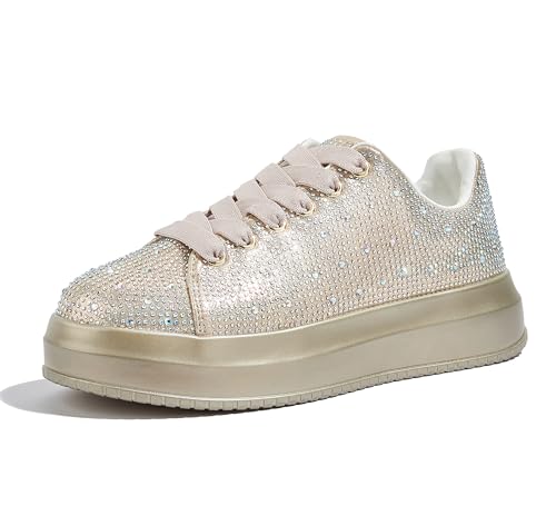 Image of LUCKY STEP Rhinestone Platform Sneakers for Women | Sparkly Glitter Bling Tennis Shoes Fashion Wedding Party Walking Sneakers