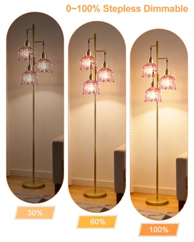 Image of Lightdot 3-Light Flower Floor Lamps, 65'' Dimmable Floor Lamp with Rose Red Glass Shade& Bulbs Included, Mid Century Standing Lamp with 5Lbs Heavy Base for Living Room /Bedroom /Sofa Beside-Gold