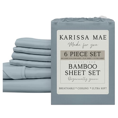 Image of KARISSA MAE 6 Piece Luxury Bamboo Viscose Queen Sheet Set, 4 Pillowcases | FSC Certified | Cooling | Ultra Soft | 18 inch Deep Pockets | Elastic Corner Straps | Includes Organizer Band [Chambray Blue]
